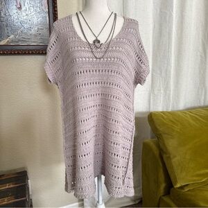 Free People Lavender Open Knit Short Sleeve Tunic Sweater Silk Linen Sz S